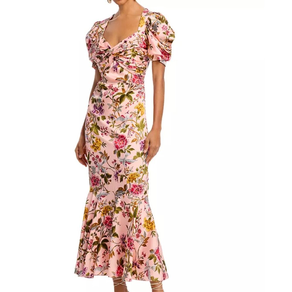 Cinq à Sept Pink Wilma Floral Birds Puff Sleeve Dress